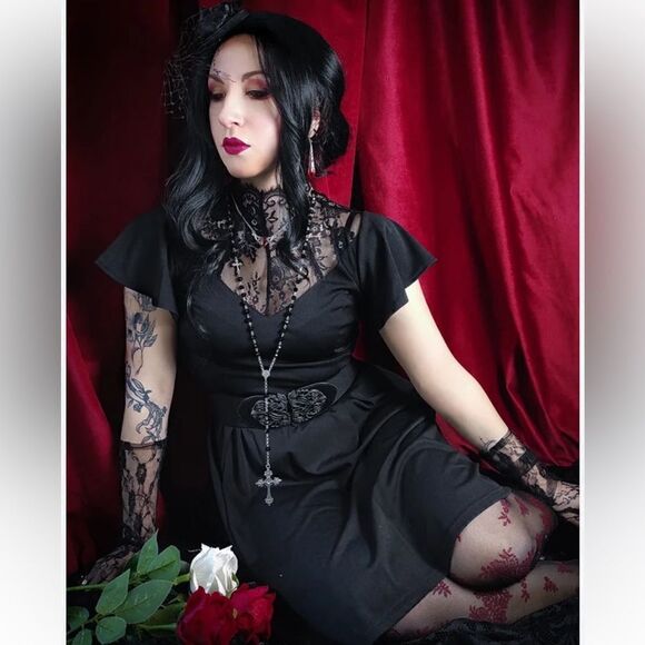 NWT Scarlet Darkness  Gothic Flutter Sleeve Lace Neck A-Line Dress Sz-24W - Picture 1 of 15